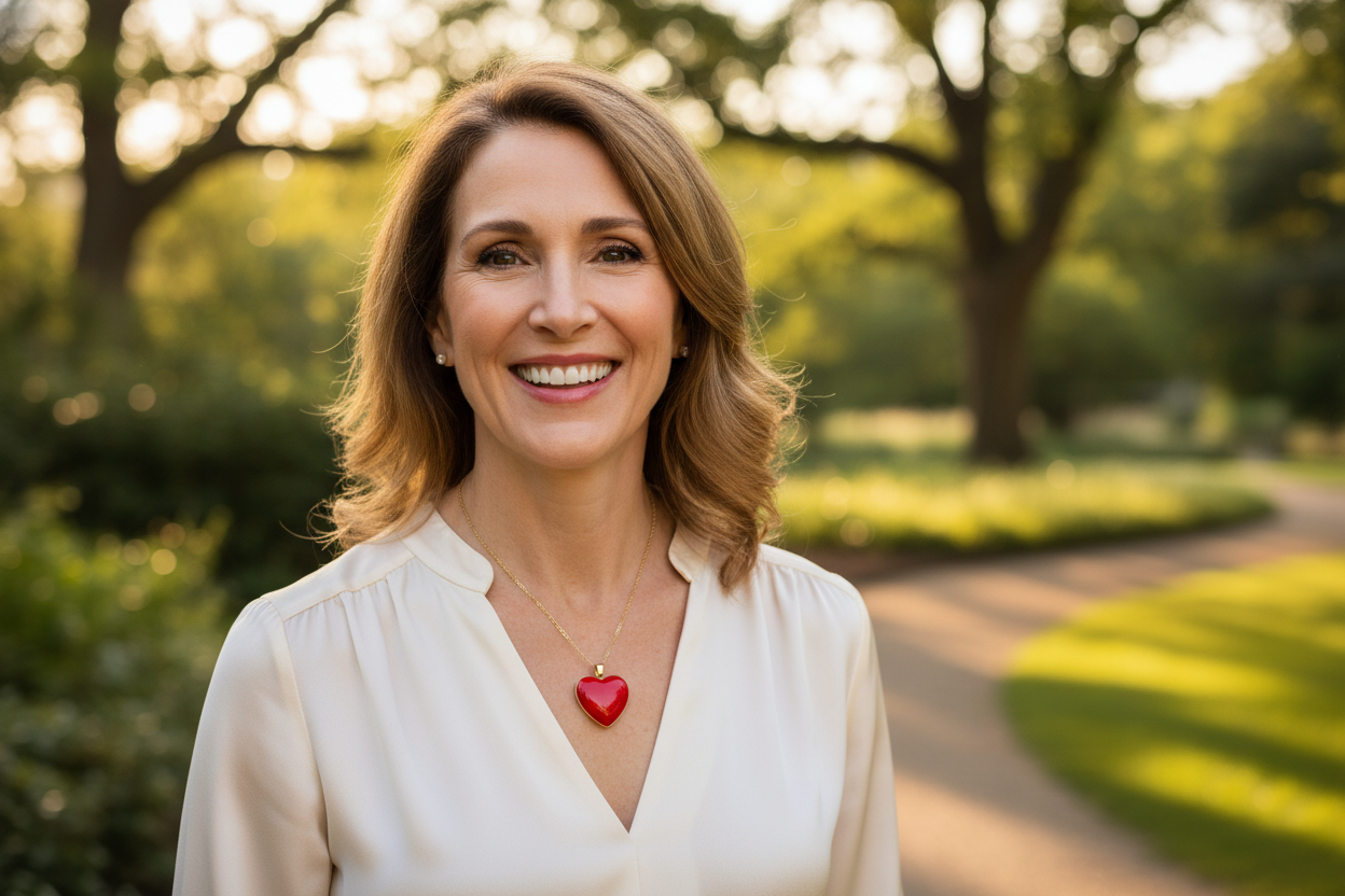necesito la imagen de una mujer de mediana edad guapa y sonriente donde lo que más destaque sea un collar dorado delgado con un corazon rojo colgante. de fondo naturaleza